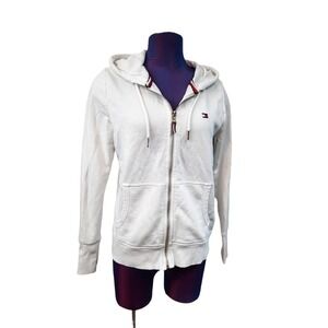 Tommy Hilfiger White Lightweight Flag Zip Up Hoodie Jacket Size Small Women's